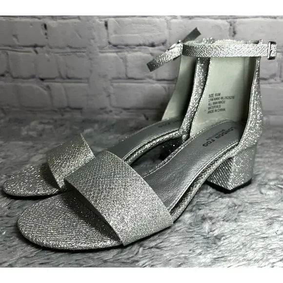 London Fog Nikki Silver Glitter Ankle Strap Block Heels 6.5M Bling Pumps Wedding - Picture 3 of 9